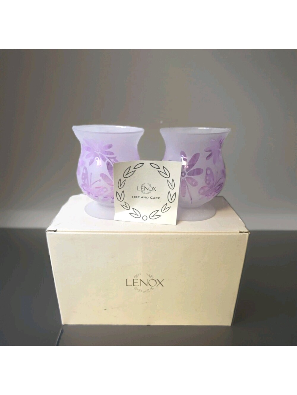 Lenox Crystal Lavender Butterflies Votives Vintage Set Etched Glass